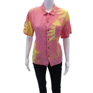 Double Rainbouu Womens Palm Tree Print Button Down Shirt Pink Yellow Size Extra